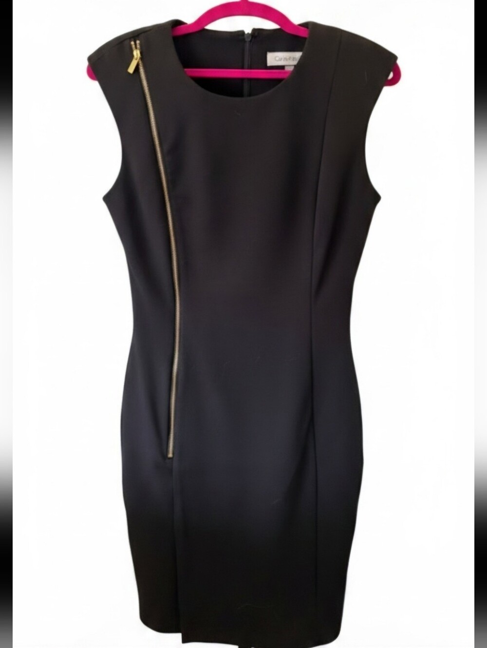 Calvin Klein Black Sleeveless Asymmetric Zip Sheath Dress SZ 8 EUC Classic LBD
